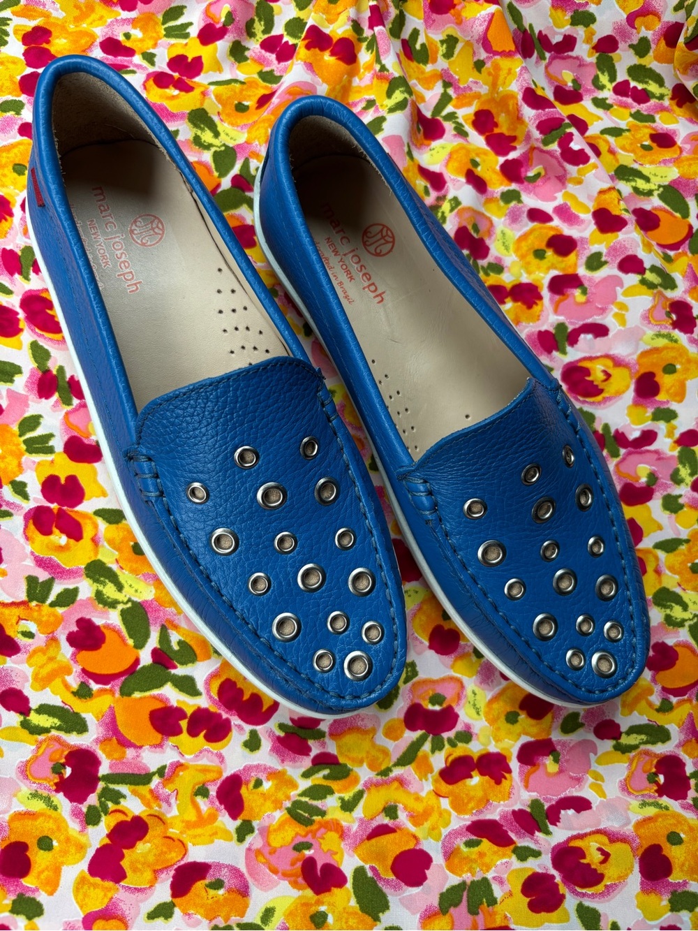 Marc Joseph Blue Leather Grommet Loafers for kids